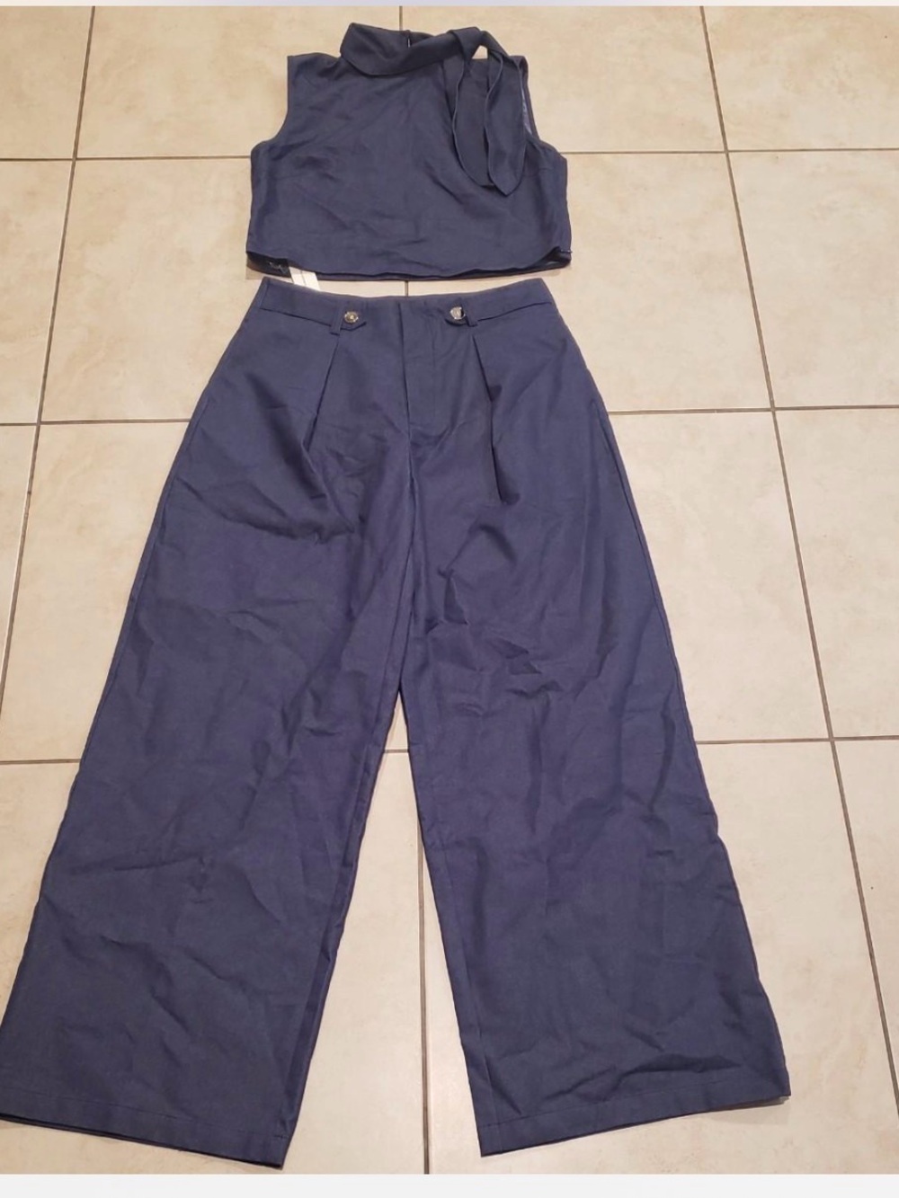 Commense Navy Sleeveless Wide-Leg Jumpsuit with Neck Tie Scarf - Picture 3 of 10